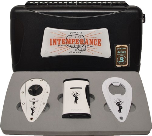 Buy the Xikar RoMa Craft Intemperance Gift Set Online at Small Batch Cigar: This set features a xikar intemperance themed ten count travel humidor and intemperance themed lighter, cutter, and bottle opener.	