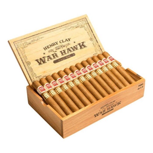 Buy Henry Clay War Hawk Robusto Cigar Online: The War Hawk cigar is aptly named, as it is a bit rebellious in going against its own tradition by not using a Connecticut Broadleaf wrapper –as do most other Henry Clay brands. The “Hawkish” cigar is a complex cigar, boasting unique flavors, with plenty of spice. This medium-bodied blend sports an Ecuadorian Connecticut wrapper, which houses a broadleaf binder and Honduran filler.