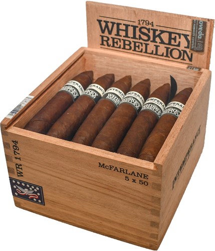 Buy RoMa Craft Intemperance Whiskey Rebellion 1794 McFarlane Online: Created in rememberance of the 1794 Whiskey Rebellion, this cigar by RoMa Craft Tobac is wrapped in an Ecuadorian Habano ligero wrapper, with an Indonesian Buskui binder, with Dominican and Nicaraguan fillers.