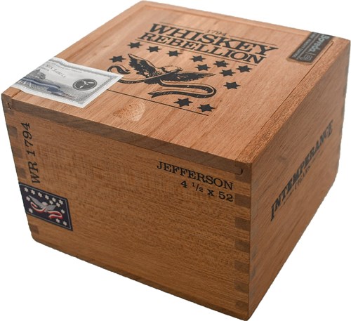 Buy RoMa Craft Intemperance Whiskey Rebellion 1794 Jefferson Online: Created in rememberance of the 1794 Whiskey Rebellion, this cigar by RoMa Craft Tobac is wrapped in an Ecuadorian Habano ligero wrapper, with an Indonesian Buskui binder, with Dominican and Nicaraguan fillers.