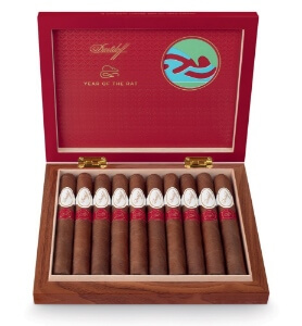 Buy Davidoff Year of the Rat Online: The Toro 6 x 52 format wrapped in a shiny and oily Habano wrapper from Ecuador, and first develops into sweet notes with complex flavors of oak wood and spice. 
