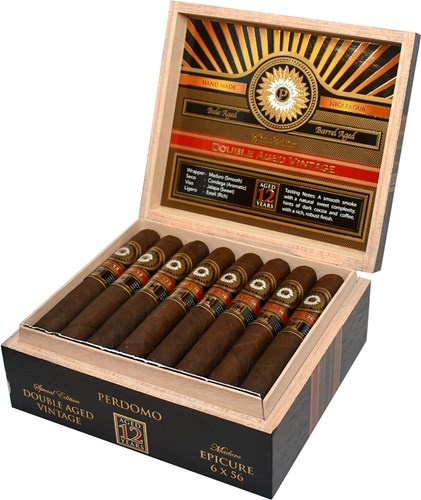 Buy Perdomo Double Aged 12 Year Vintage Maduro Epicure Online: The PERDOMO Double Aged 12 Year Vintage Maduro is blended with a gorgeous bourbon barrel-aged Cuban-seed Nicaraguan Maduro wrapper combined with rare bourbon barrel-aged Cuban-seed Nicaraguan binder and filler tobaccos offering a smooth smoke with a natural sweet complexity and a rich, robust finish.