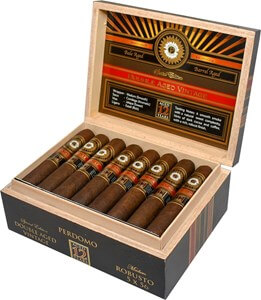 Buy Perdomo Double Aged 12 Year Vintage Maduro Robusto Online: The PERDOMO Double Aged 12 Year Vintage Maduro is blended with a gorgeous bourbon barrel-aged Cuban-seed Nicaraguan Maduro wrapper combined with rare bourbon barrel-aged Cuban-seed Nicaraguan binder and filler tobaccos offering a smooth smoke with a natural sweet complexity and a rich, robust finish.