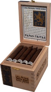 Buy Drew Estate Liga Privada Unico Papas Fritas Online:  Short filler cigars are a rarity in the cigar industy, usually only found in cigarillos or lower quality machine made cigars.  However, Drew Estate takes the clippings and smaller pieces of tobacco from their Liga Privada No. 9 series, as well as the other Unico vitolas, and rolls them together to make the Papas Fritas.  A cigar as complex as the sumof it's parts, if you're looking for a quick and flavorful smoke, the Papas Fritas is the cigar you're looking for!
