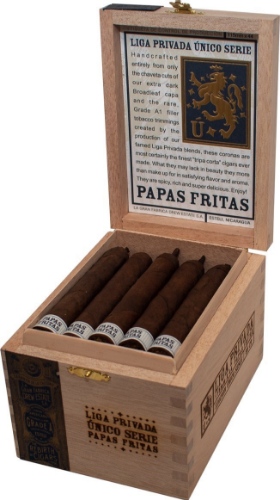 Buy Drew Estate Liga Privada Unico Papas Fritas Online:  Short filler cigars are a rarity in the cigar industy, usually only found in cigarillos or lower quality machine made cigars.  However, Drew Estate takes the clippings and smaller pieces of tobacco from their Liga Privada No. 9 series, as well as the other Unico vitolas, and rolls them together to make the Papas Fritas.  A cigar as complex as the sumof it's parts, if you're looking for a quick and flavorful smoke, the Papas Fritas is the cigar you're looking for!