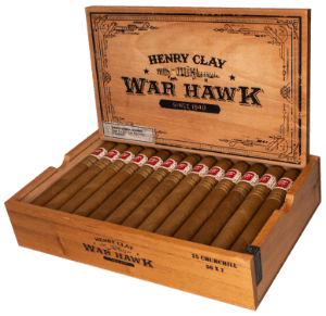 Buy Henry Clay War Hawk Churchill Cigar Online: The War Hawk cigar is aptly named, as it is a bit rebellious in going against its own tradition by not using a Connecticut Broadleaf wrapper –as do most other Henry Clay brands. The “Hawkish” cigar is a complex cigar, boasting unique flavors, with plenty of spice. This medium-bodied blend sports an Ecuadorian Connecticut wrapper, which houses a broadleaf binder and Honduran filler.