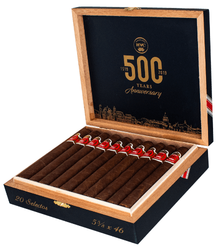 Buy HVC 500 Years Anniversary Selectos Online: The HVC 500th was created to celebrate the 500th anniversary of Havana, Cuba. The cigar is a 5 5/8 x 48 parejo known as the "Selectos" vitola, featuring a Nicaraguan Corojo 99 wrapper with a Nicaraguan binder and criollo 98 and corojo 99 fillers.