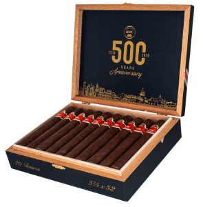 Buy HVC 500 Years Anniversary Online: The HVC 500th was created to celebrate the 500th anniversary of Havana, Cuba. The cigar is a 5 7/8 x 52 parejo known as the "tesoros" vitola, featuring a Nicaraguan Corojo 99 wrapper with a Nicaraguan binder and criollo 98 and corojo 99 fillers. 