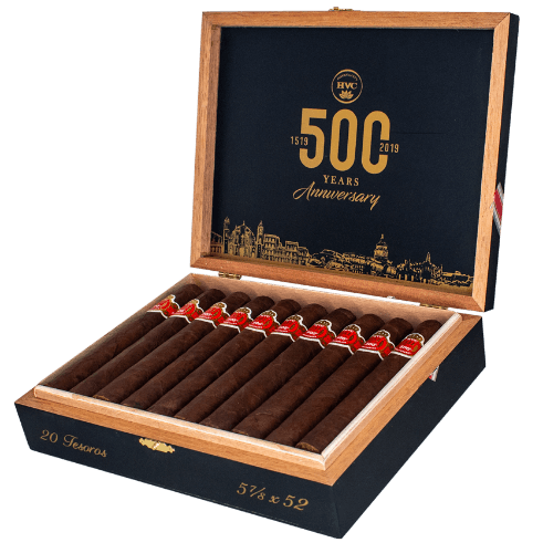 Buy HVC 500 Years Anniversary Online: The HVC 500th was created to celebrate the 500th anniversary of Havana, Cuba. The cigar is a 5 7/8 x 52 parejo known as the "tesoros" vitola, featuring a Nicaraguan Corojo 99 wrapper with a Nicaraguan binder and criollo 98 and corojo 99 fillers. 